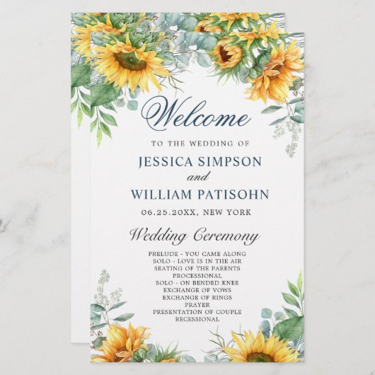 Zonnebloemen Eucalyptus Huwelijksceremonie Program (Voorkant / Achterkant)