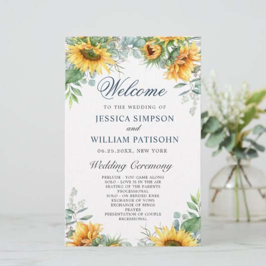 Zonnebloemen Eucalyptus Huwelijksceremonie Program (Staand voorkant)