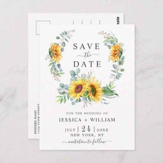 Zonnebloemen Eucalyptus krans bruiloft Save the Da Briefkaart (Voorkant / Achterkant)