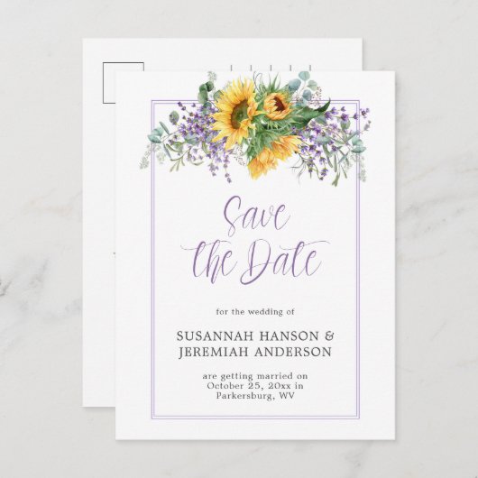 Zonnebloemen Eucalyptus Lavender Save the Date Aankondigingskaart (Voorkant / Achterkant)