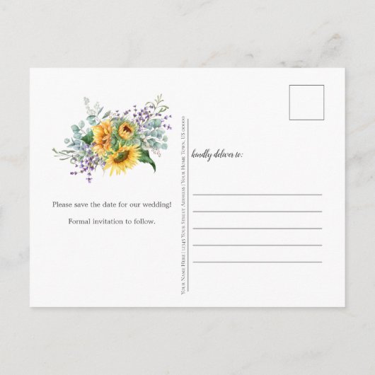 Zonnebloemen Eucalyptus Lavender Save the Date Aankondigingskaart (Achterkant)