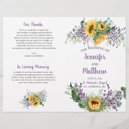 Zonnebloemen, Eucalyptus, Lavender Wedding Program (Voorkant)