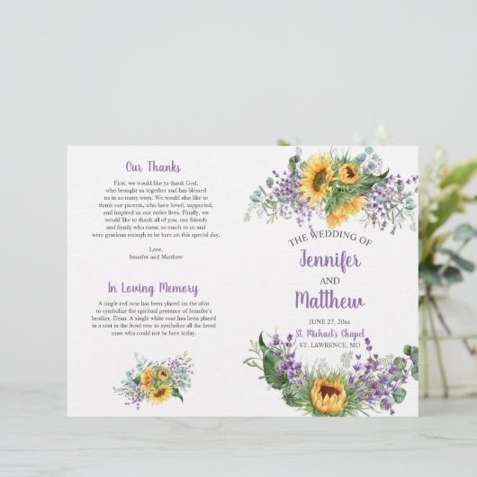 Zonnebloemen, Eucalyptus, Lavender Wedding Program (Staand voorkant)
