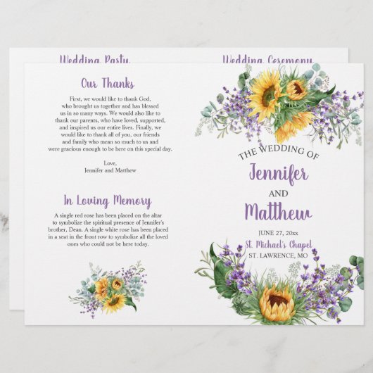Zonnebloemen, Eucalyptus, Lavender Wedding Program (Voorkant / Achterkant)