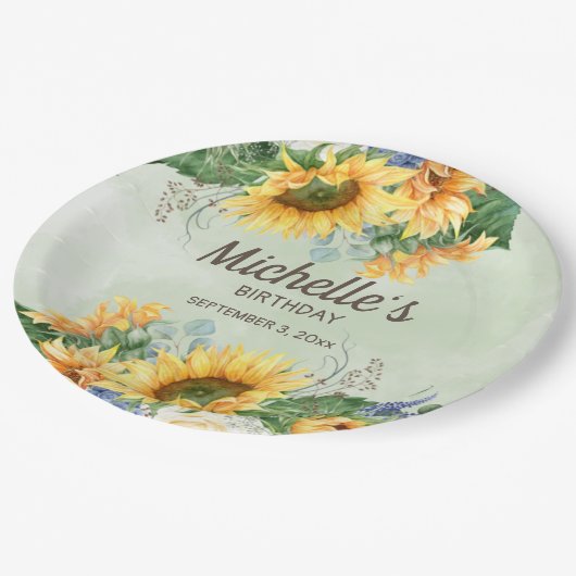 Zonnebloemen Eucalyptus Leaves Birthday Name Date Papieren Bordje (Gekanteld)