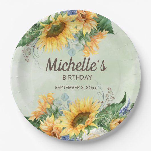 Zonnebloemen Eucalyptus Leaves Birthday Name Date Papieren Bordje (Voorkant)