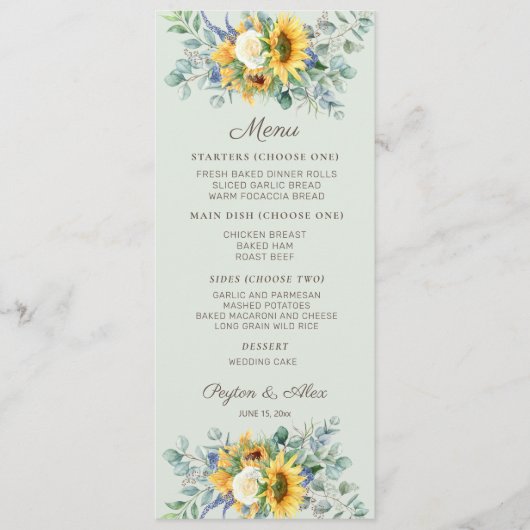 Zonnebloemen Eucalyptus Leaves Weddenschappen Rece Menu (Voorkant)