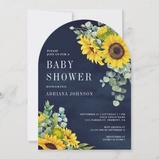Zonnebloemen Eucalyptus Navy Blue Arch Baby shower Kaart (Voorkant)