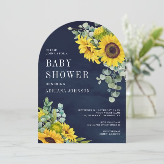 Zonnebloemen Eucalyptus Navy Blue Arch Baby shower Kaart (Staand voorkant)