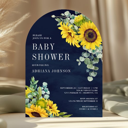 Zonnebloemen Eucalyptus Navy Blue Arch Baby shower Kaart