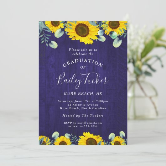 Zonnebloemen Eucalyptus Navy Blue Rustic Afstudere Kaart (Staand voorkant)