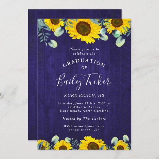 Zonnebloemen Eucalyptus Navy Blue Rustic Afstudere Kaart (Voorkant / Achterkant)