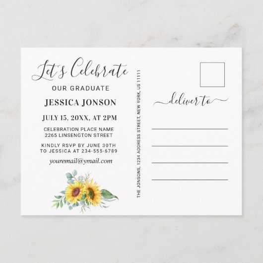 Zonnebloemen Eucalyptus PHOTO Graduation Party Aankondigingskaart (Achterkant)
