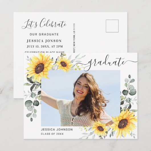 Zonnebloemen Eucalyptus PHOTO Graduation Party Aankondigingskaart (Voorkant / Achterkant)