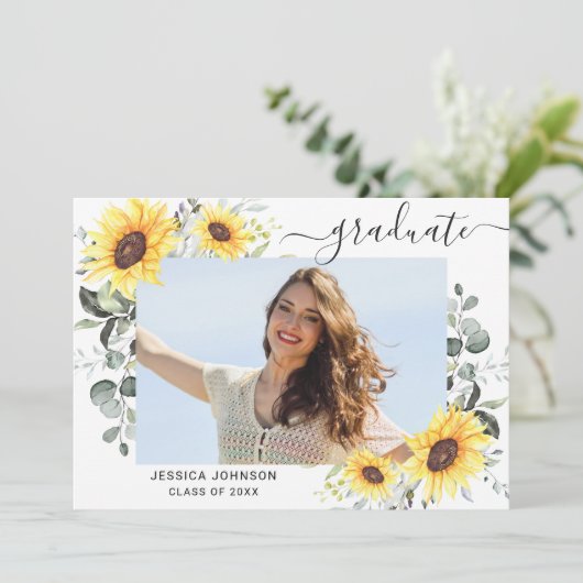 Zonnebloemen Eucalyptus PHOTO Graduation Party Kaart (Staand voorkant)