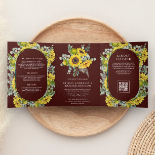 Zonnebloemen Eucalyptus QR Code Bourgondi Huwelijk Drieluik Uitnodiging