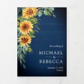 Zonnebloemen Eucalyptus QR Code Navy Blue Weddensc Drieluik Uitnodiging (Cover)