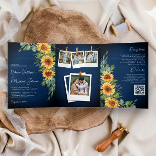 Zonnebloemen Eucalyptus QR Code Navy Blue Weddensc Drieluik Uitnodiging