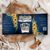 Zonnebloemen Eucalyptus QR Code Navy Blue Weddensc Drieluik Uitnodiging