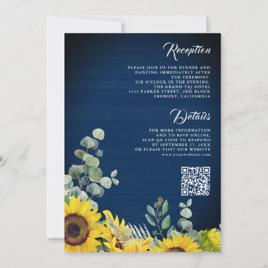 Zonnebloemen Eucalyptus QR Code Navy Blue Weddensc Kaart (Achterkant)