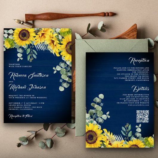 Zonnebloemen Eucalyptus QR Code Navy Blue Weddensc Kaart