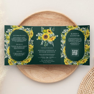 Zonnebloemen Eucalyptus QR Code Smaragd Huwelijk Drieluik Uitnodiging