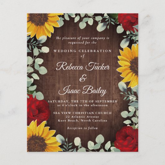 Zonnebloemen Eucalyptus Red Rose Wood Weddenschap (Voorkant)