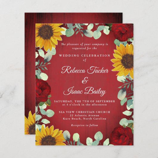 Zonnebloemen Eucalyptus Red Rose Wood Weddenschap (Voorkant / Achterkant)