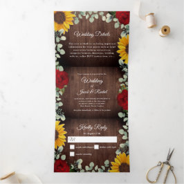 Zonnebloemen Eucalyptus Red Rose Wood Weddenschap Drieluik Uitnodiging