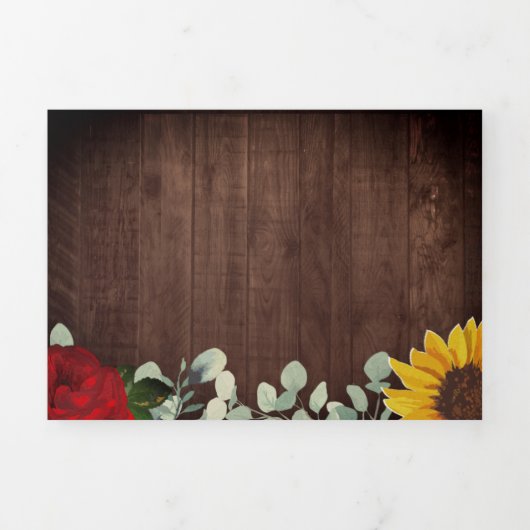 Zonnebloemen Eucalyptus Red Rose Wood Weddenschap Drieluik Uitnodiging (Cover)