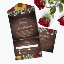 Zonnebloemen Eucalyptus Red Roses Rustic Wedding All In One Uitnodiging