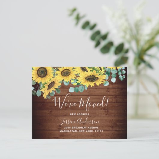 Zonnebloemen Eucalyptus Rustic Moving Announge Briefkaart (Staand voorkant)