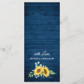 Zonnebloemen Eucalyptus rustiek blauw hout bruilof Menu (Achterkant)