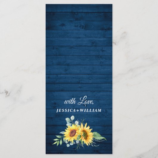 Zonnebloemen Eucalyptus rustiek blauw hout bruilof Menu (Achterkant)