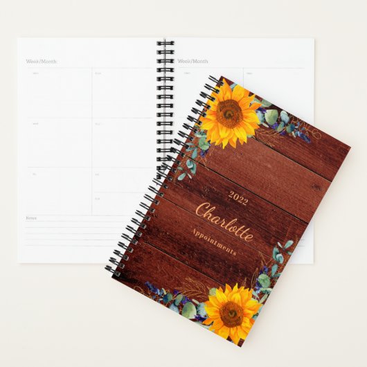Zonnebloemen eucalyptus rustiek hout monogram 2025 planner (Display)