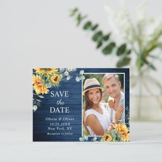 Zonnebloemen Eucalyptus rustieke bruiloft Save the Briefkaart (Staand voorkant)