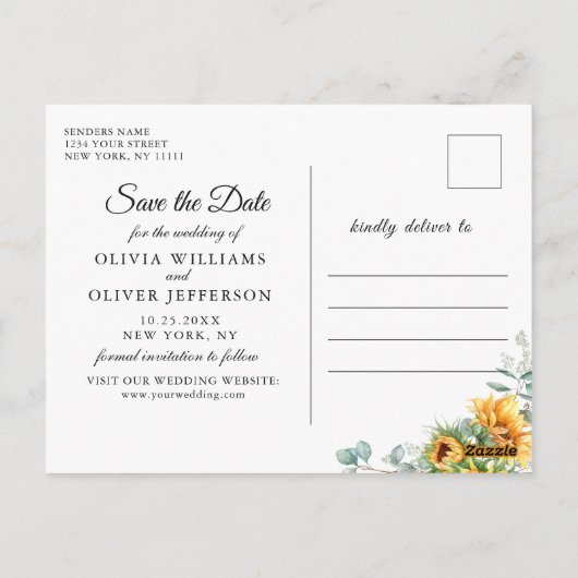 Zonnebloemen Eucalyptus rustieke bruiloft Save the Briefkaart (Achterkant)