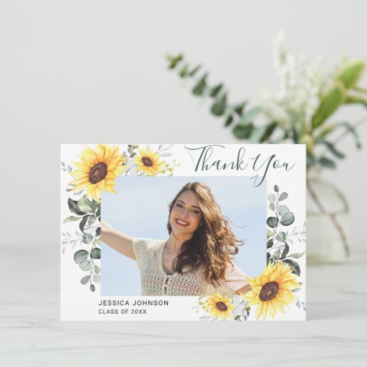 Zonnebloemen Eucalyptus Rustisch FOTO-Afstuderen Bedankkaart (Staand voorkant)