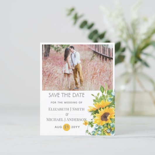 Zonnebloemen Eucalyptus Save the Date Trouw Uitnod (Staand voorkant)