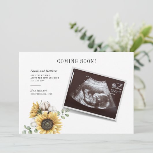 Zonnebloemen Eucalyptus Sonogram Baby Aankondiging (Staand voorkant)