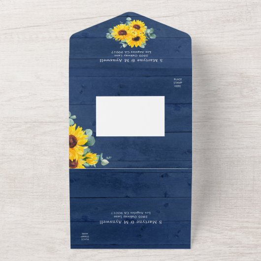 Zonnebloemen Eucalyptus String Lights Navy Weddens All In One Uitnodiging (Buitenkant)