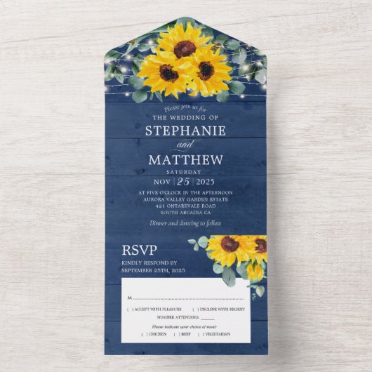 Zonnebloemen Eucalyptus String Lights Navy Weddens All In One Uitnodiging (Binnen)