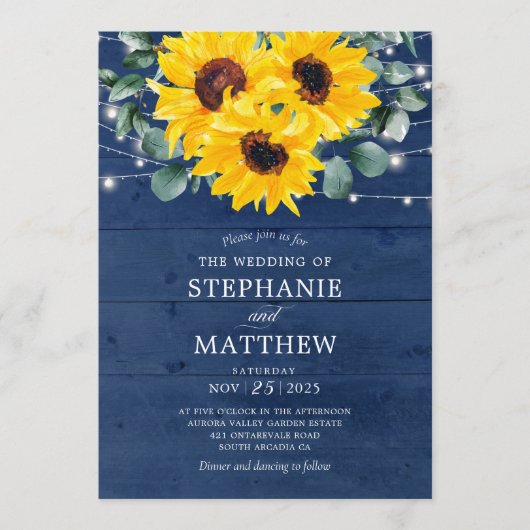 Zonnebloemen Eucalyptus String Lights Navy Weddens Kaart (Voorkant)