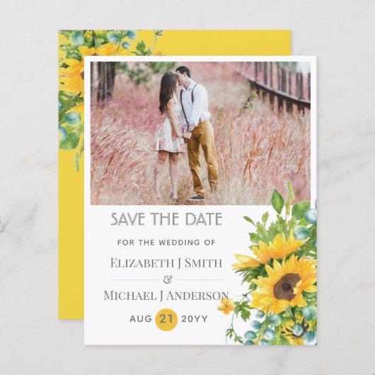 Zonnebloemen Eucalyptus Trouwkaart Sla Datum Op (Voorkant / Achterkant)