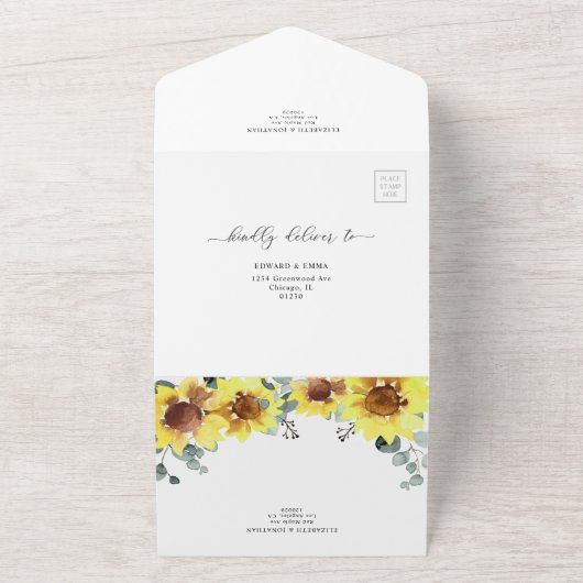 Zonnebloemen Eucalyptus Weddenschap Details RSVP All In One Uitnodiging (Buitenkant)