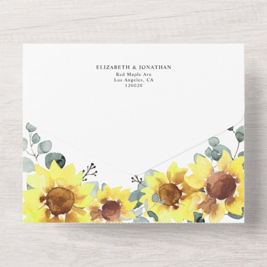 Zonnebloemen Eucalyptus Weddenschap Details RSVP All In One Uitnodiging (Achterkant)