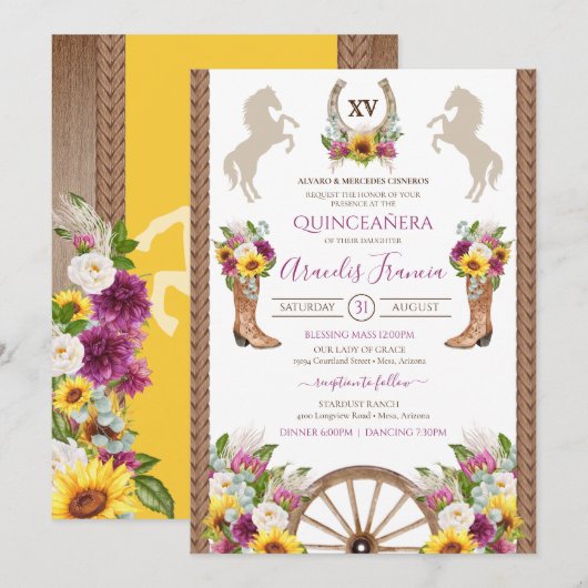 Zonnebloemen Floral Rustic Charro Quinceanera Kaart (Voorkant / Achterkant)