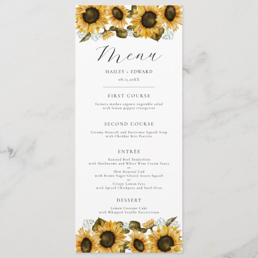 Zonnebloemen Floral Weddenschap Menu (Voorkant)