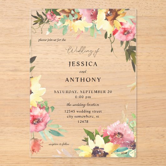 Zonnebloemen Floral Wedding 2 Acryl Uitnodigingen (Voorkant)