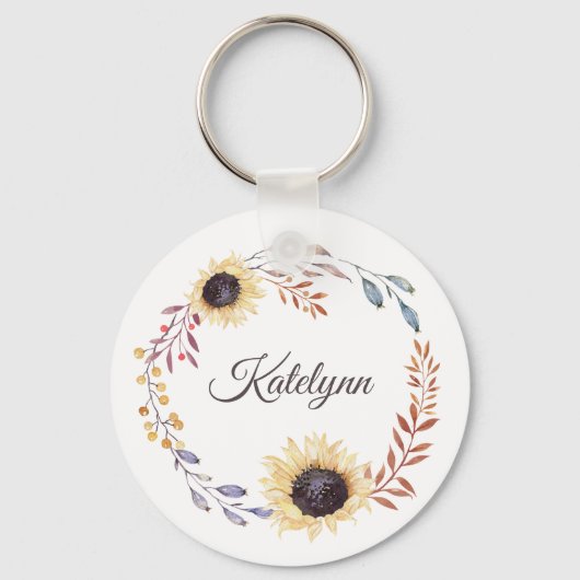 Zonnebloemen Floral Wreath Personalized Sleutelhanger (Voorkant)